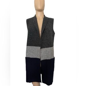 Tahari Long Gray Sleeveless Vest Wool Blend Pockets Size Large